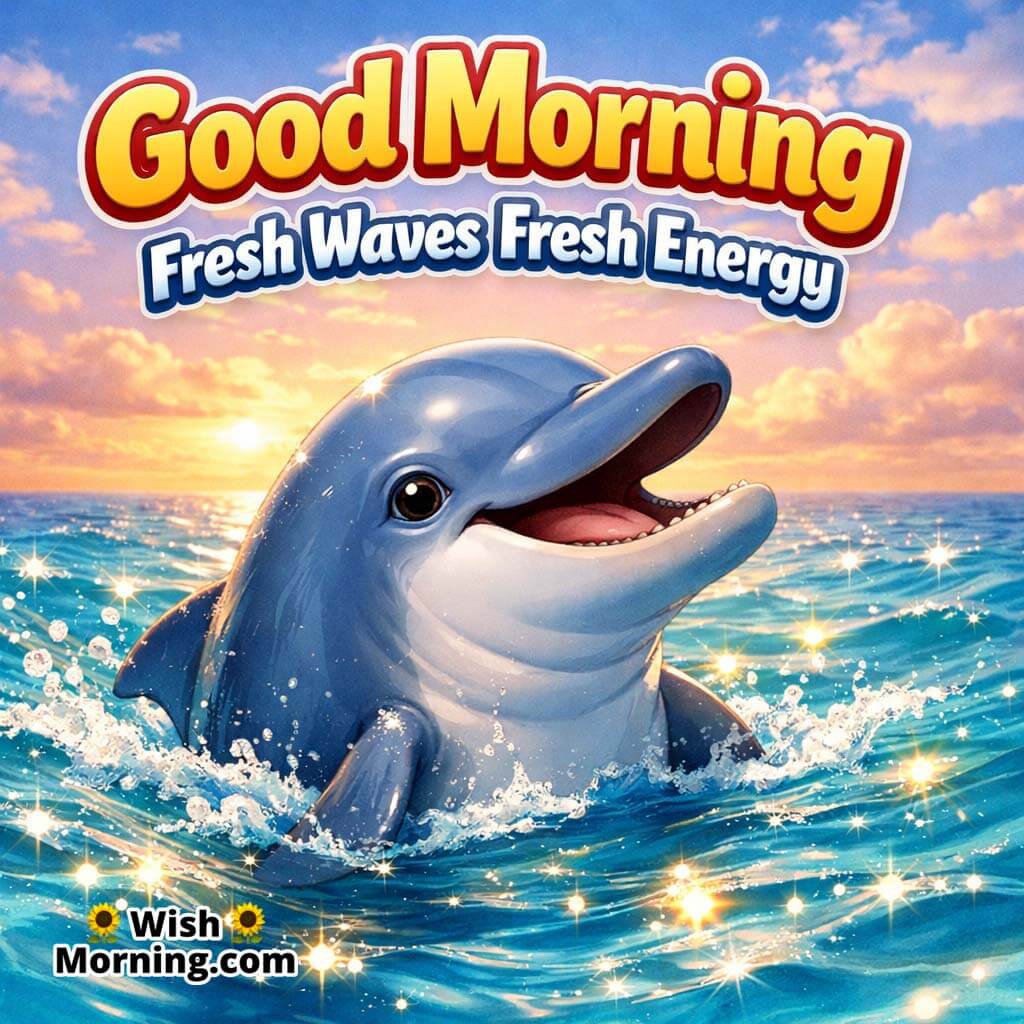 Good Morning Fresh Waves Dolphin Water Sparkle featuring a dolphin swimming near the surface with glittering water shimmer and soft sky tones, symbolizing fresh energy and positivity.