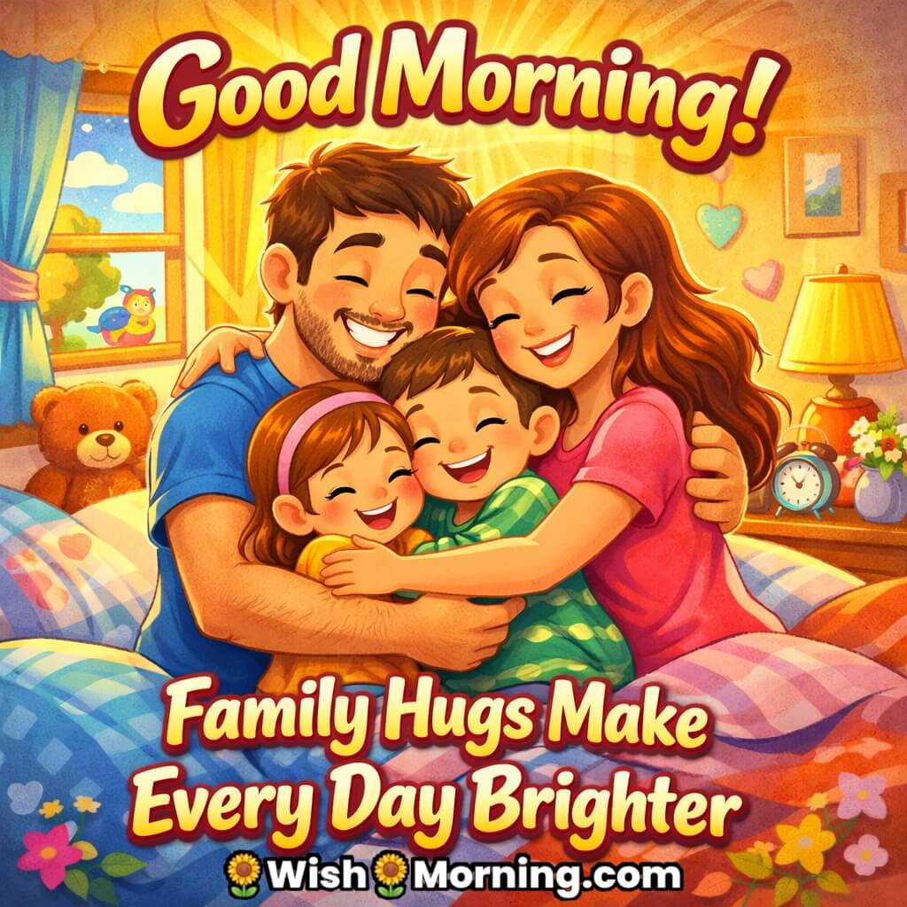Good Morning Family Hug Quote image showing parents and children sharing a warm group hug in a cozy bedroom, symbolizing love, togetherness, and joyful family mornings.