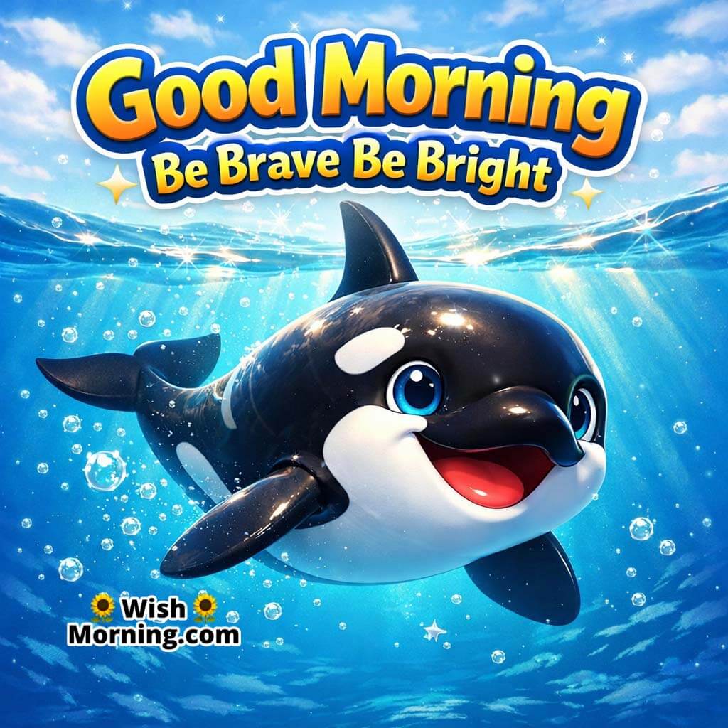 Good Morning Be Brave Be Bright Orca featuring a friendly orca swimming in clean blue water with tiny bubbles and sparkle, symbolizing courage and confident energy.
