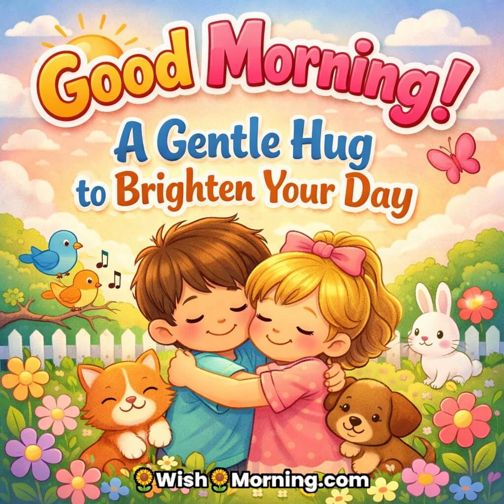 Good Morning Gentle Hug Quote image featuring two happy children hugging in a garden with birds, pets, flowers, and sunrise, symbolizing care, kindness, and a bright start to the day.