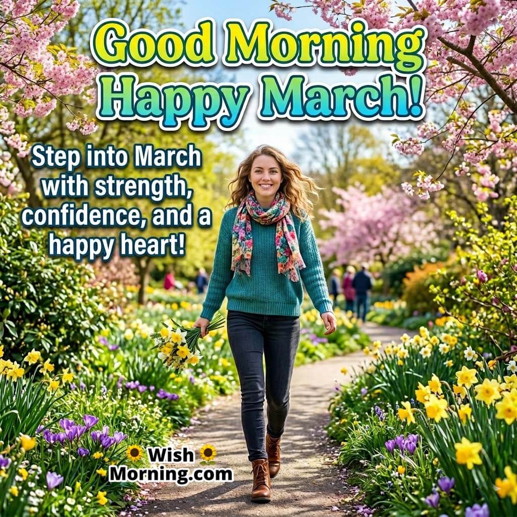 Good Morning Happy March Confidence Message Image featuring a woman walking confidently through a blooming park with flowers in hand symbolizing strength, renewal, and a positive start to the month.