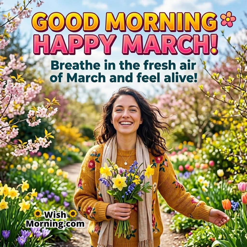 Good Morning Happy March Fresh Air Inspiration Image featuring a cheerful woman holding a bouquet of spring flowers in a colorful blossom garden symbolizing vitality and seasonal freshness.