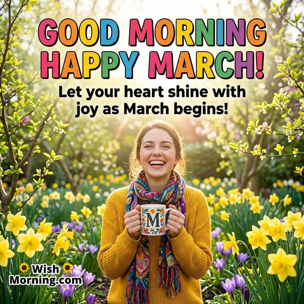 Good Morning Happy March Joyful Spring Message Image featuring a smiling woman holding a coffee mug in a blooming garden with yellow daffodils and soft morning sunlight symbolizing happiness and new beginnings.