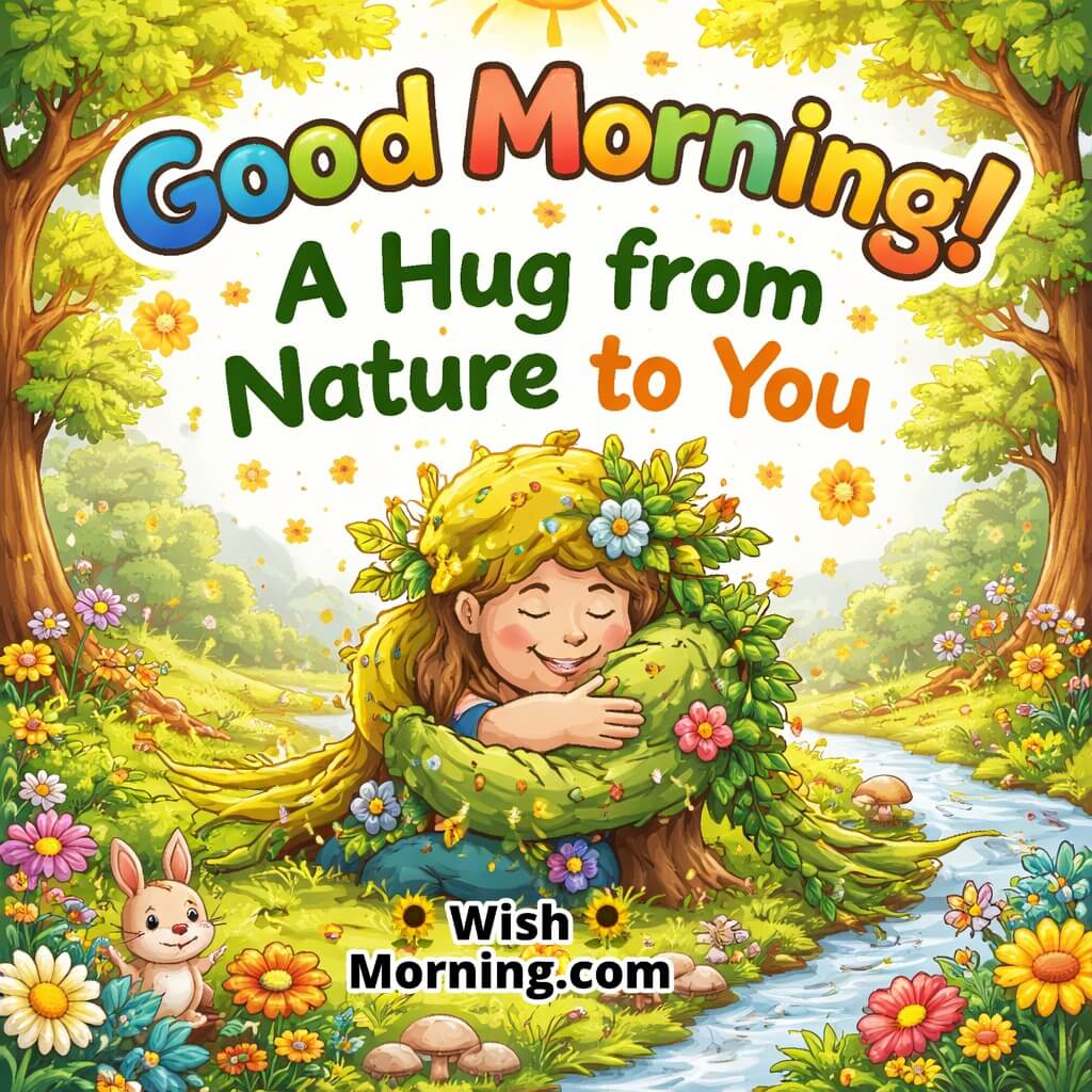 Good Morning Hug from Nature image featuring a peaceful girl embracing a leafy nature figure beside a flowing stream, surrounded by flowers, trees, and soft sunlight, symbolizing calmness, care, and a loving start to the day.