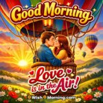 A couple kissing in a hot air balloon at sunrise, embracing love and adventure.