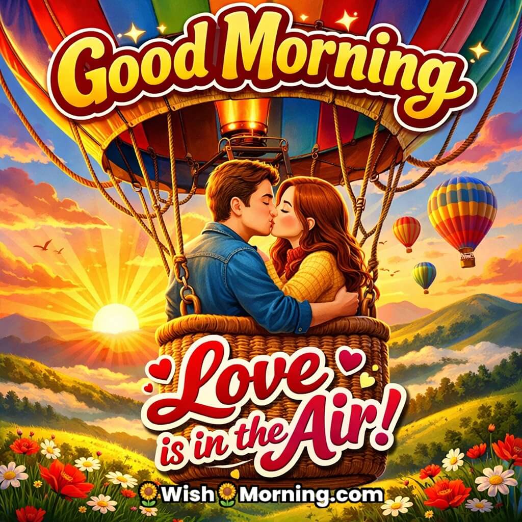 A couple kissing in a hot air balloon at sunrise, embracing love and adventure.