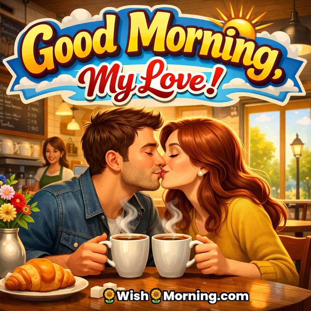 A loving couple sharing a kiss in a cozy café with warm morning vibes.