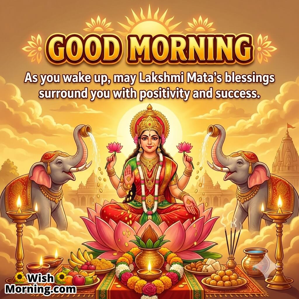 Good Morning Lakshmi Mata Blessing Wish for Positivity and Success featuring Goddess Lakshmi on a lotus with elephants offering water, diyas, and temple backdrop, symbolizing prosperity and good fortune.