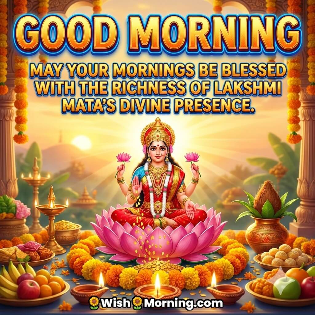 Good Morning Lakshmi Mata Message for Divine Blessings and Prosperity featuring Goddess Lakshmi seated on a pink lotus with diyas, flowers, fruits, and golden sunrise rays, symbolizing wealth and divine abundance.