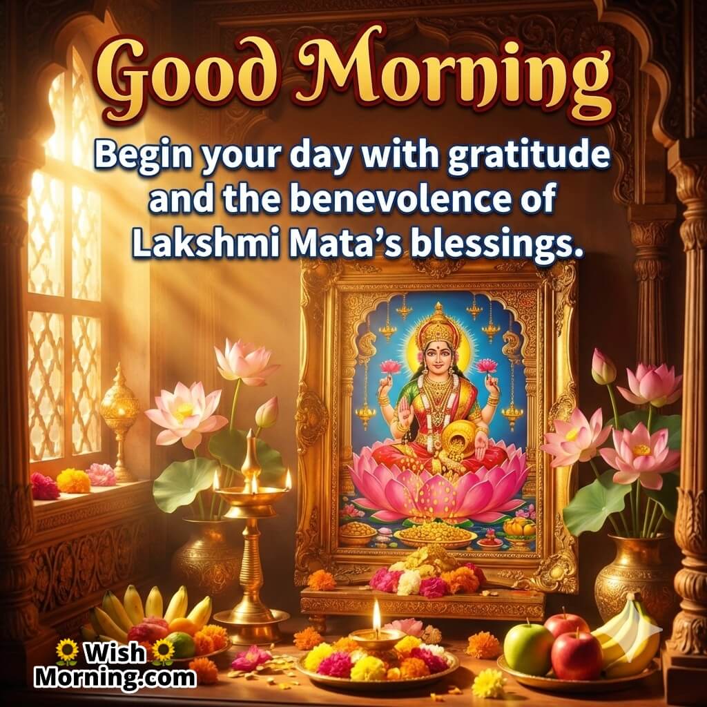 Good Morning Lakshmi Mata Message for Gratitude and Blessings featuring a framed image of Goddess Lakshmi in a temple room with lotus flowers, fruits, and glowing lamps, symbolizing devotion, gratitude, and divine grace.