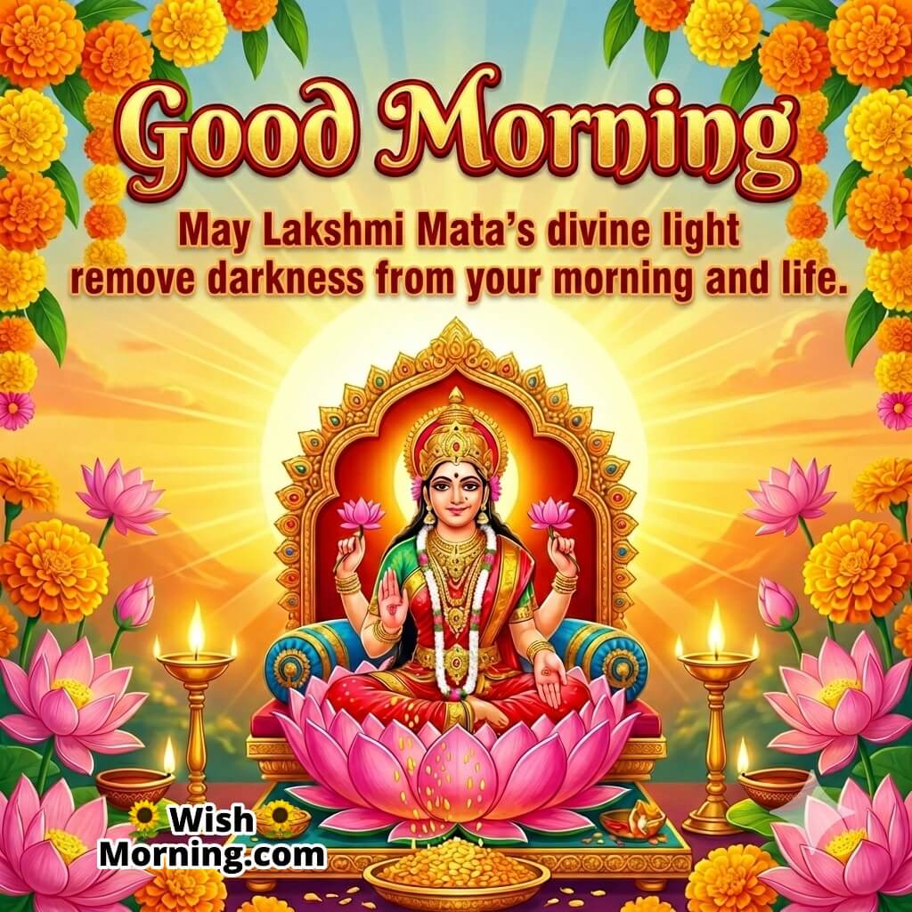 Good Morning Lakshmi Mata Quote for Divine Light and Happiness featuring Goddess Lakshmi seated on a lotus throne with glowing aura, marigold garlands, and lamps, symbolizing light, hope, and spiritual wealth.