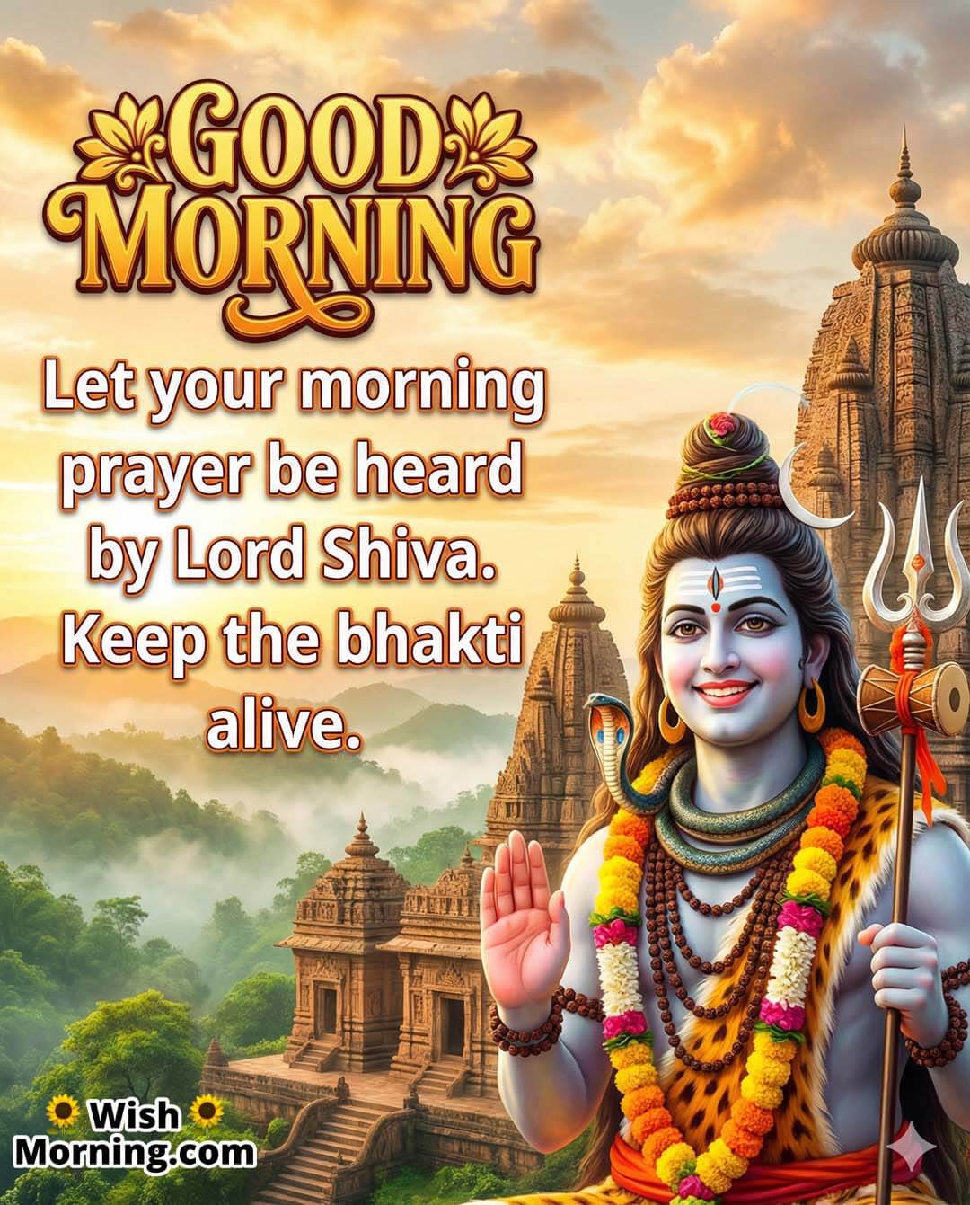 Good Morning Lord Shiva Message for Morning Prayer and Bhakti featuring Lord Shiva with temple architecture in the background, symbolizing sincere prayer and devotion.