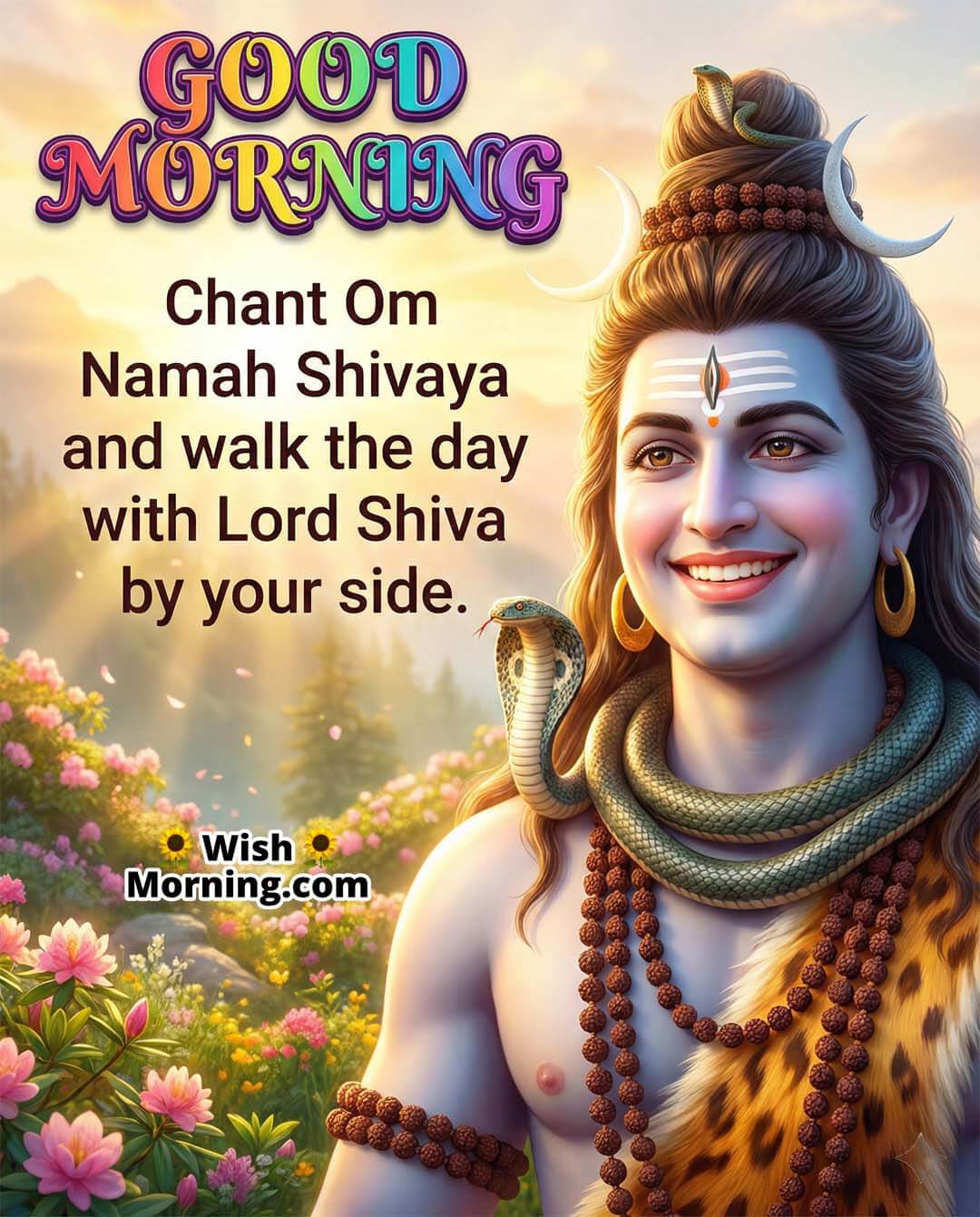 Good Morning Lord Shiva Quote to Chant Om Namah Shivaya featuring a smiling Lord Shiva in a soft morning garden with blossoms, symbolizing faith, guidance, and a positive start.