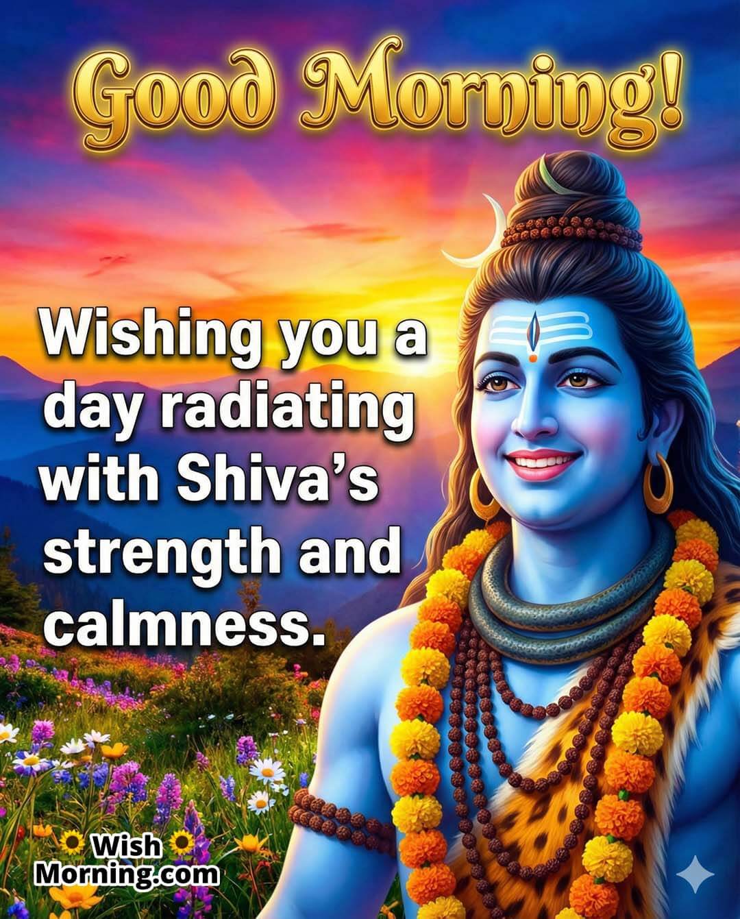 Good Morning Lord Shiva Wish for Strength and Calmness featuring Lord Shiva standing with trishul in a mountain garden, symbolizing steady strength and inner calm.