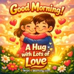 Good Morning Love Hug Quote image showing a smiling couple hugging with floating hearts, flowers, and sunrise in the background, symbolizing affection, romance, and a loving morning greeting.