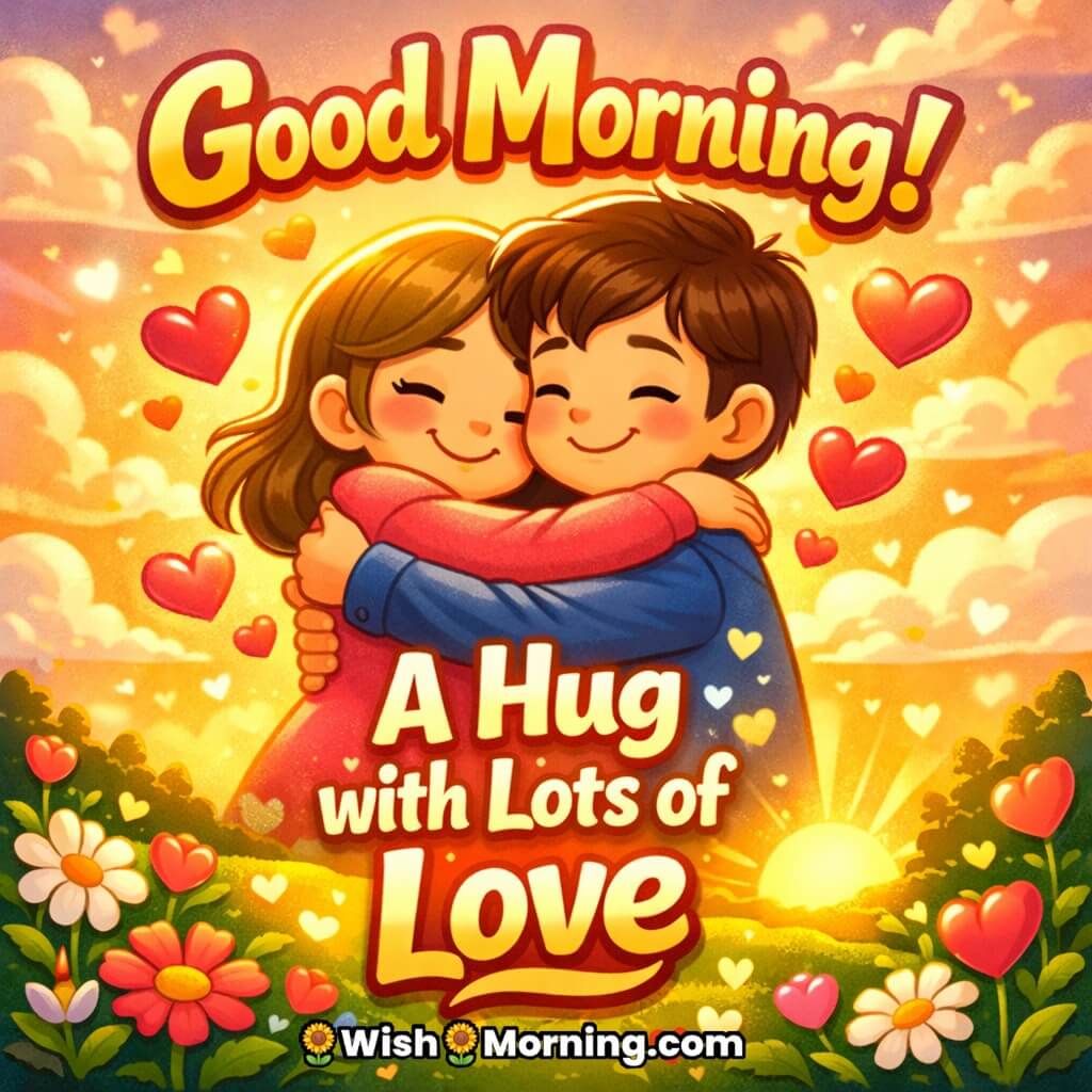 Good Morning Love Hug Quote image showing a smiling couple hugging with floating hearts, flowers, and sunrise in the background, symbolizing affection, romance, and a loving morning greeting.