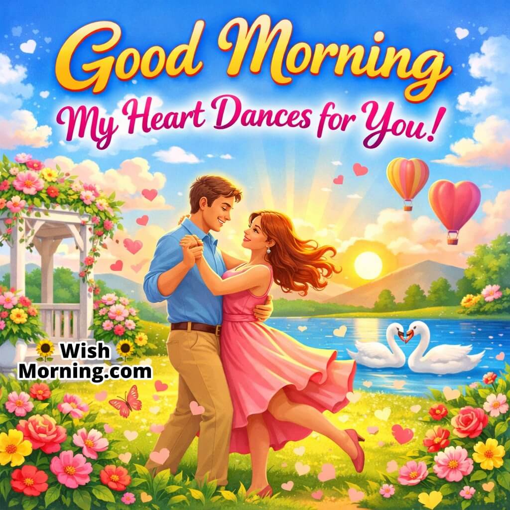 Good Morning love quote showing a romantic couple dancing together in a flower garden near a lake at sunrise, expressing joy, affection, and heartfelt morning love.