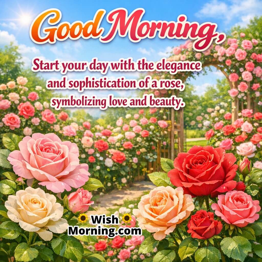 Good Morning love and roses quote featuring a blooming rose garden with an archway and sunlight, symbolising elegance, romance, and a beautiful loving start to the day.