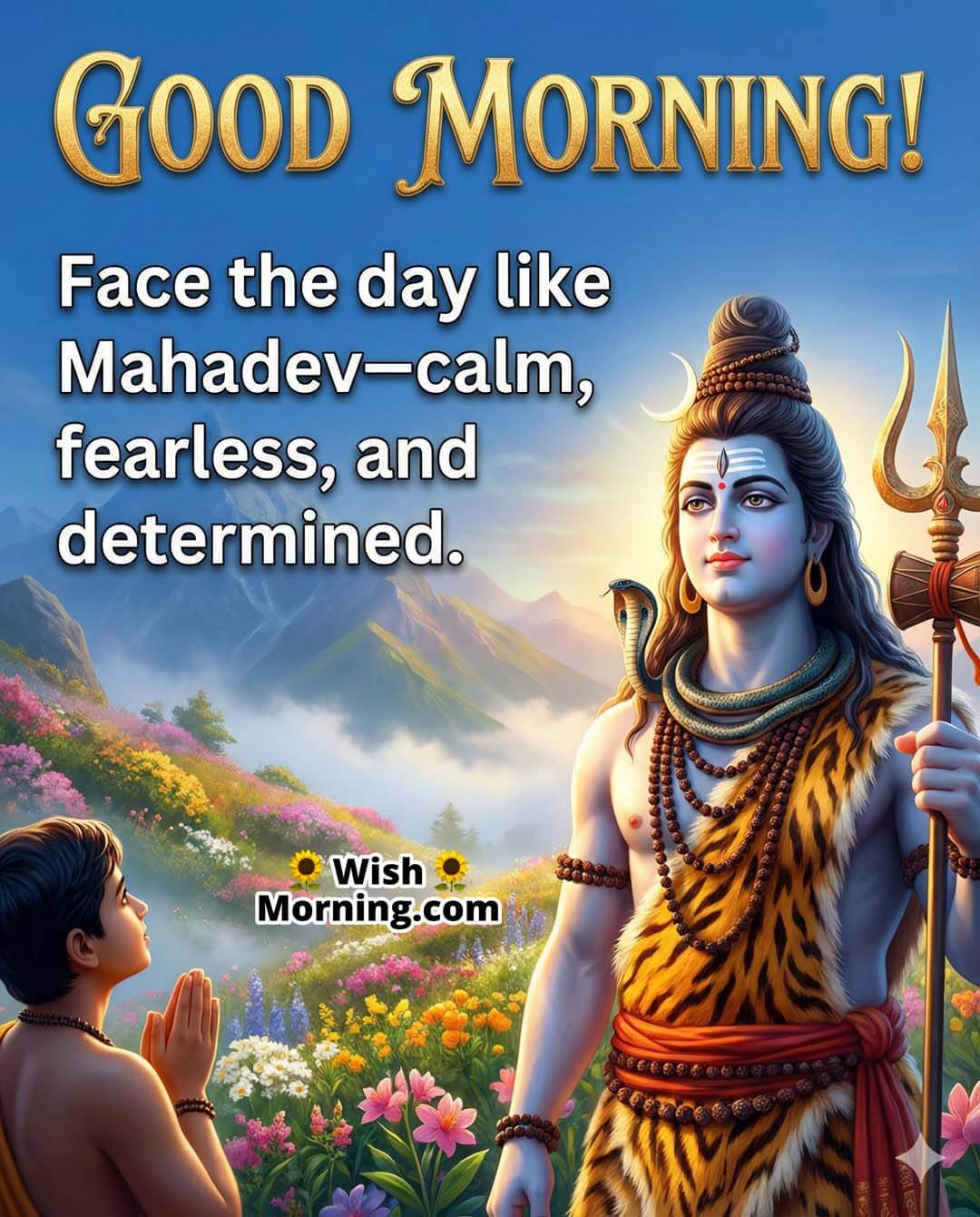 Good Morning Mahadev Quote for a Calm Fearless Day featuring Lord Shiva with trishul in a misty mountain meadow and a devotee in prayer, symbolizing courage, calmness, and determination.