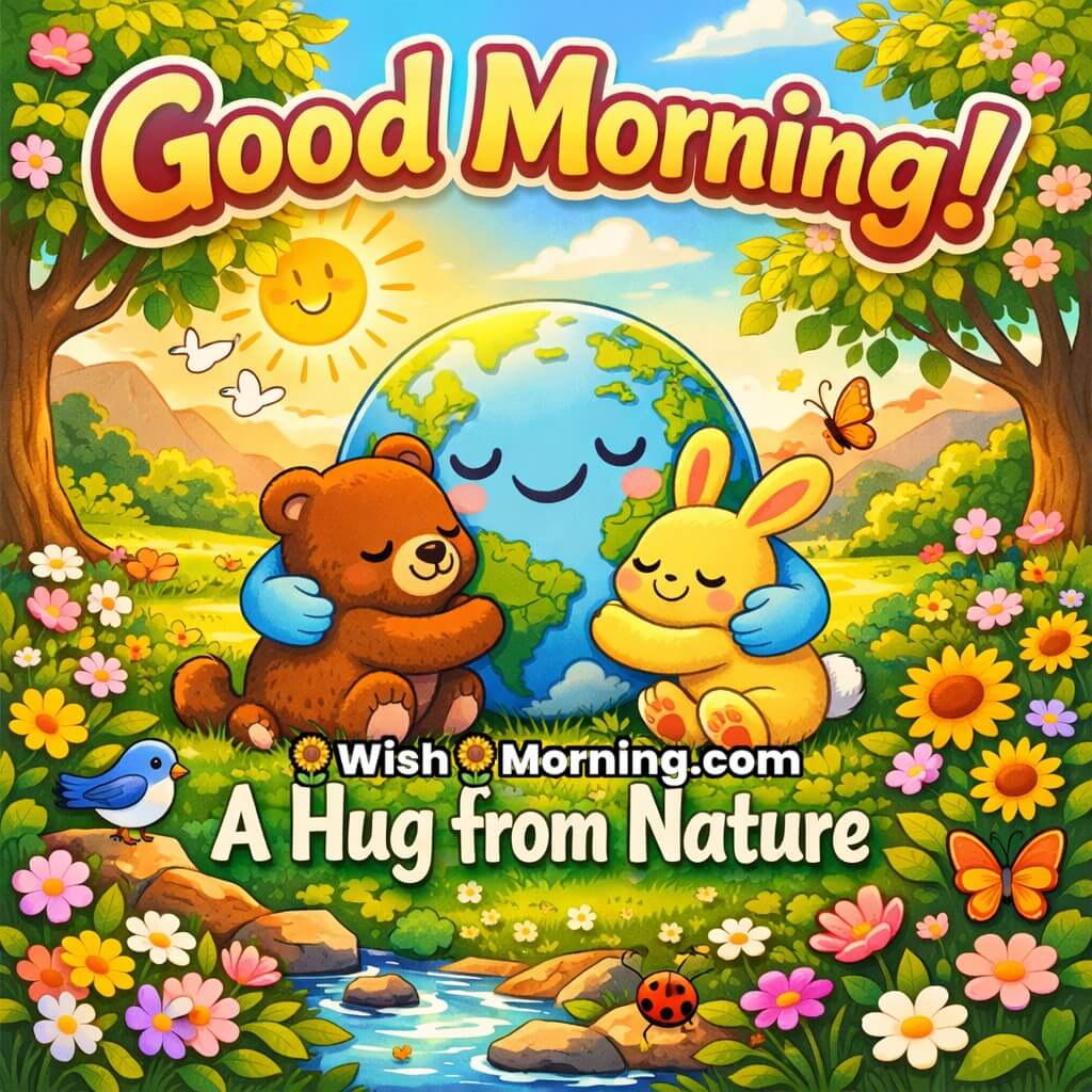 Good Morning Nature Hug Quote image featuring the Earth hugging a teddy bear and rabbit in a green meadow with flowers, trees, and sunshine, symbolizing peace, care, and natural warmth.