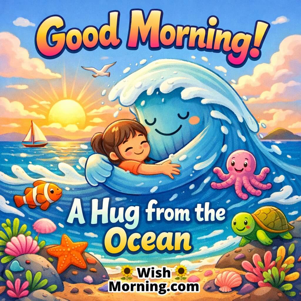 Good Morning Ocean Hug Quote image showing a smiling ocean wave hugging a child at sunrise with sea animals and beach elements, symbolizing calm, comfort, and fresh morning energy.