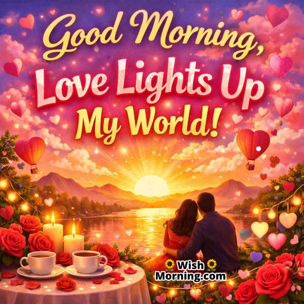 Good Morning romantic love quote image showing a couple sitting together by a lake at sunrise with candles, roses, and glowing hearts, expressing warmth and emotional connection.