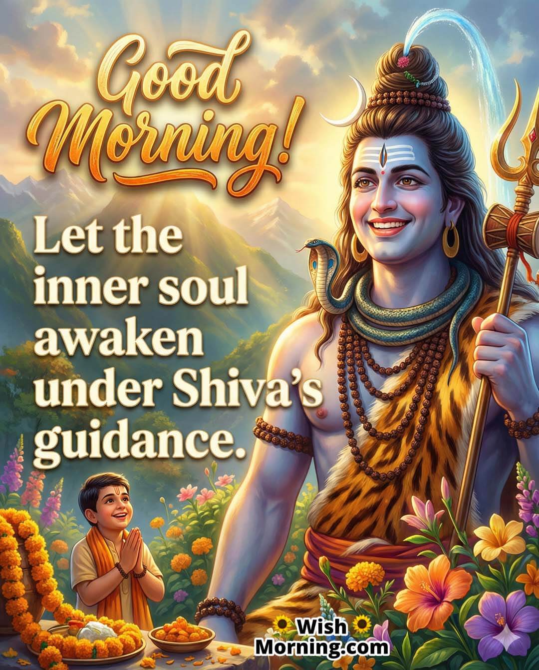 Good Morning Shiva Message for Inner Soul Awakening featuring Lord Shiva with a devotee praying in a flower-filled valley, symbolizing inner awakening and spiritual direction.