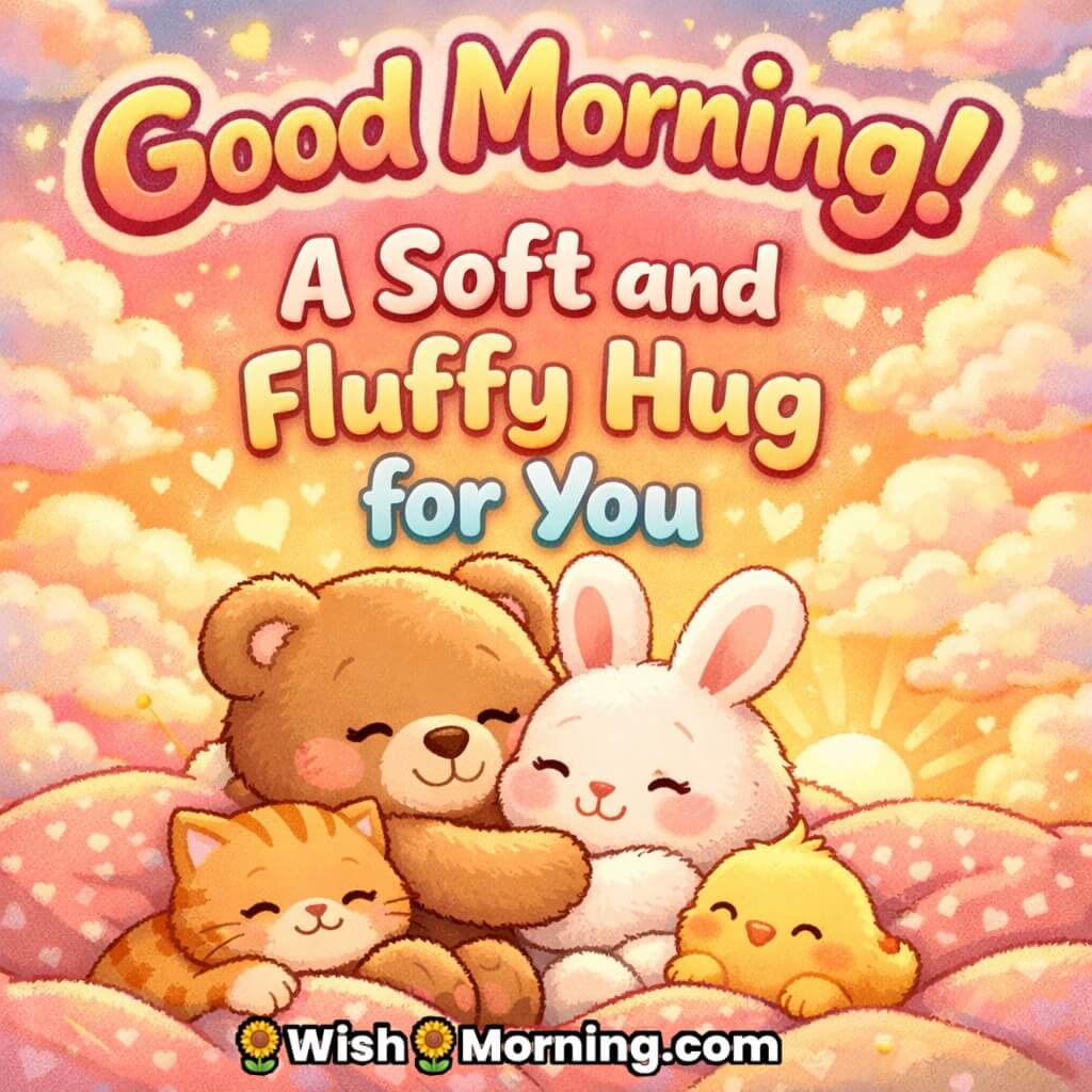 Good Morning Soft Hug Quote image featuring a teddy bear hugging a bunny with a kitten and chick on fluffy pillows under a warm sunrise sky, expressing comfort, sweetness, and a cozy morning feeling.