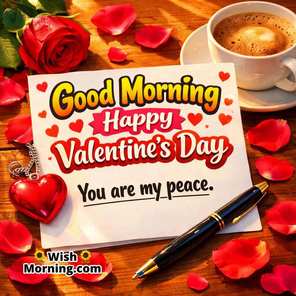 Good Morning Happy Valentine’s Day romantic card image with coffee cup, red rose petals, heart locket and message saying You are my peace.