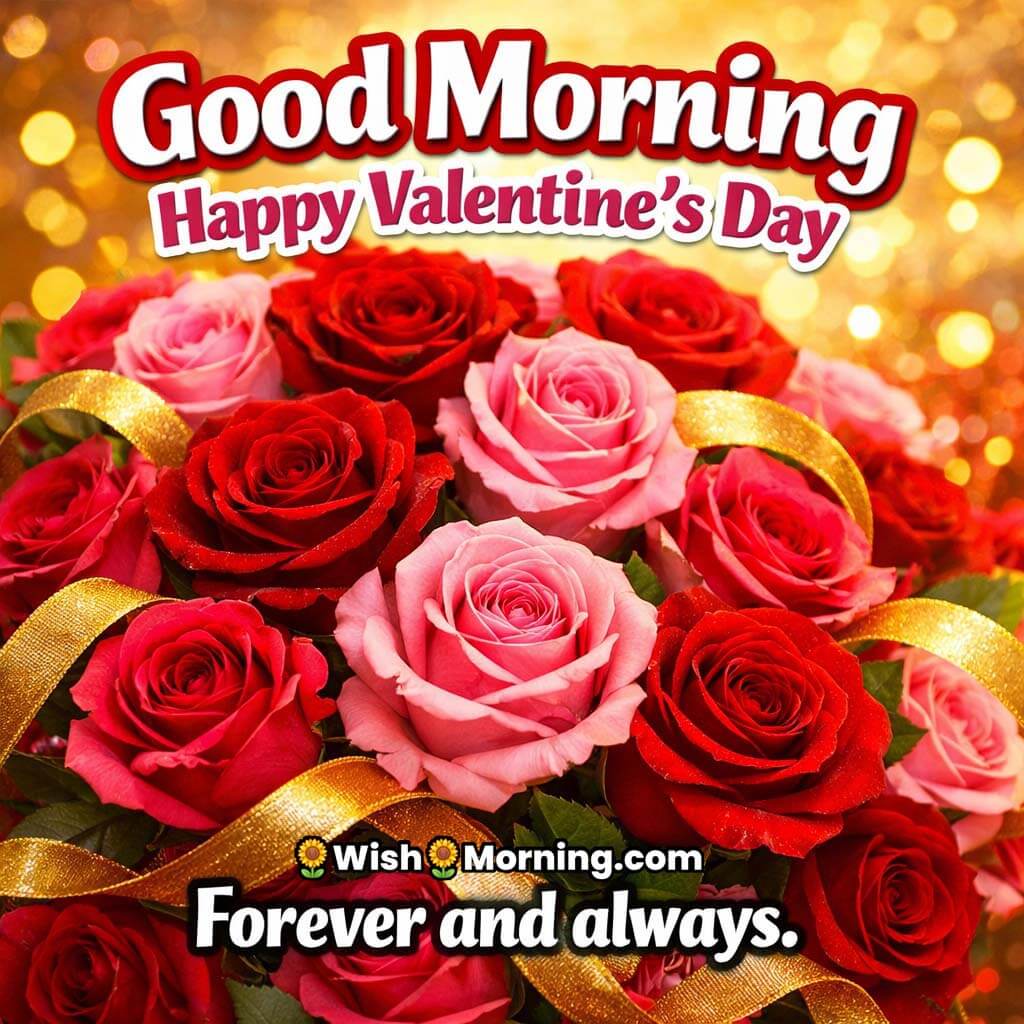 Good Morning Happy Valentine’s Day romantic image with red and pink rose bouquet, golden ribbon and forever and always love message.