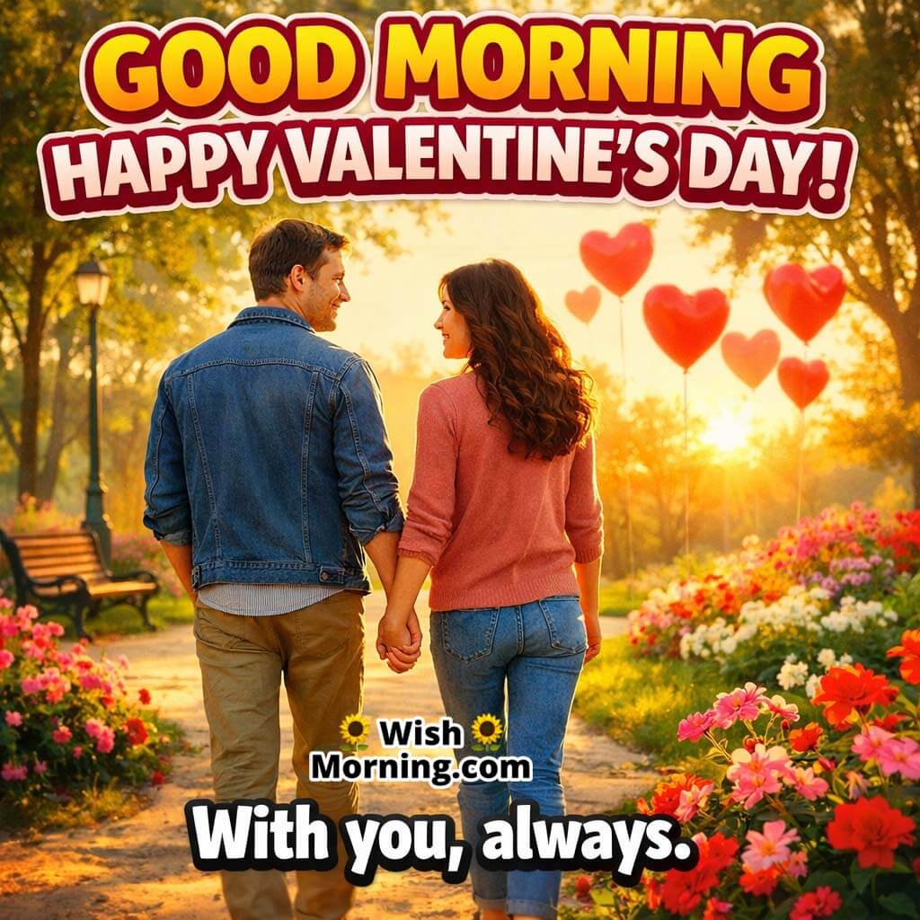 Good Morning Happy Valentine’s Day image of couple holding hands in garden at sunrise with red heart balloons and With you always love quote.