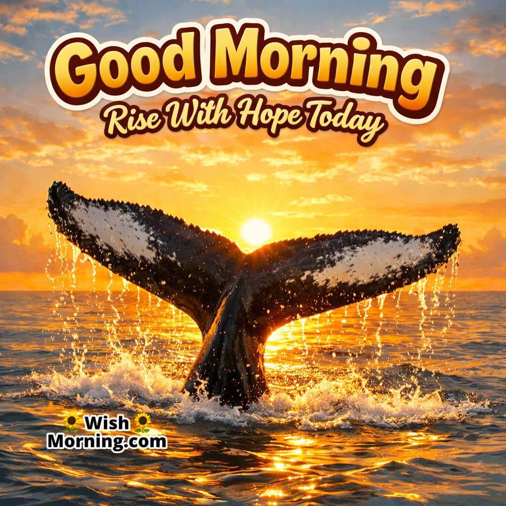 Good Morning Rise With Hope Today featuring a humpback whale tail splash with golden sunrise reflections on the sea, symbolizing motivation and hopeful beginnings.