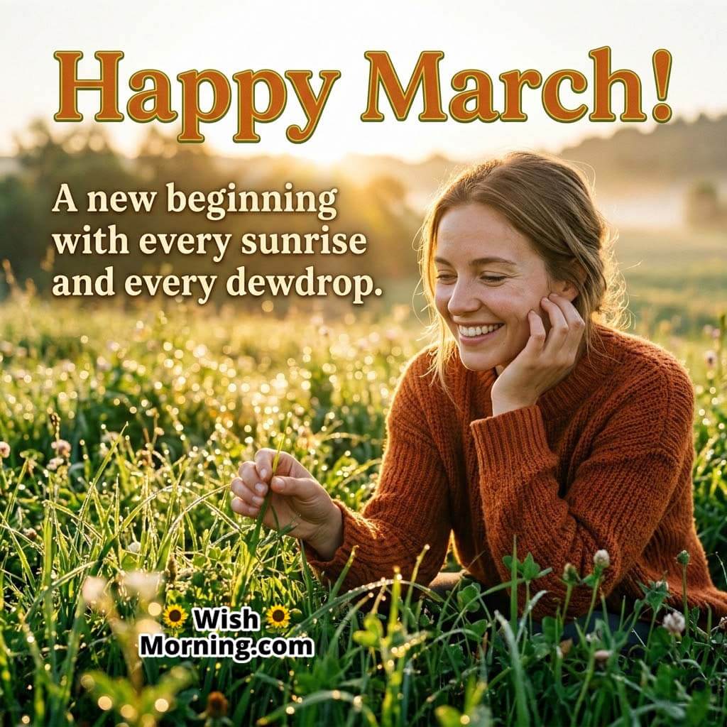 Happy March New Beginnings Quote Image featuring a woman sitting in fresh green grass with morning dew and golden sunrise light symbolizing renewal, calmness, and a fresh start.