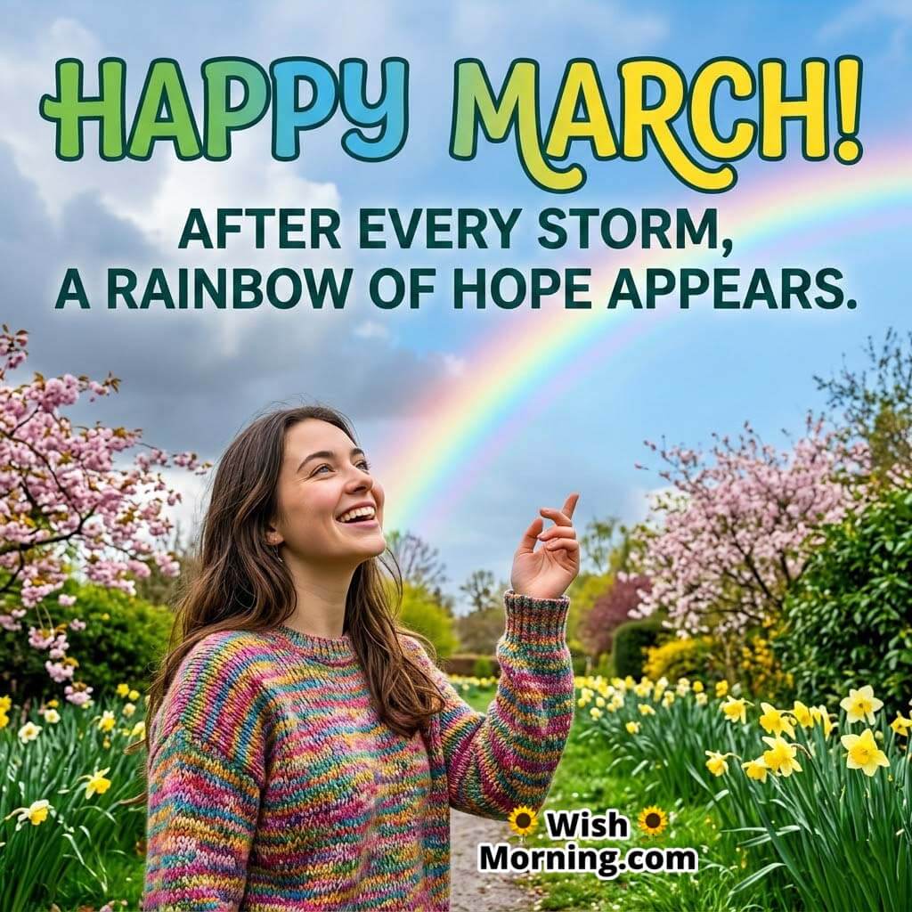 Happy March Rainbow Hope Quote Image featuring a joyful woman in a blooming garden pointing toward a vibrant rainbow after rain symbolizing hope, renewal, and fresh beginnings.