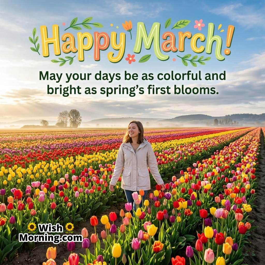 Happy March Spring Bloom Message Image featuring a woman walking through vast colorful tulip fields under soft morning sky symbolizing growth, brightness, and the beauty of spring.