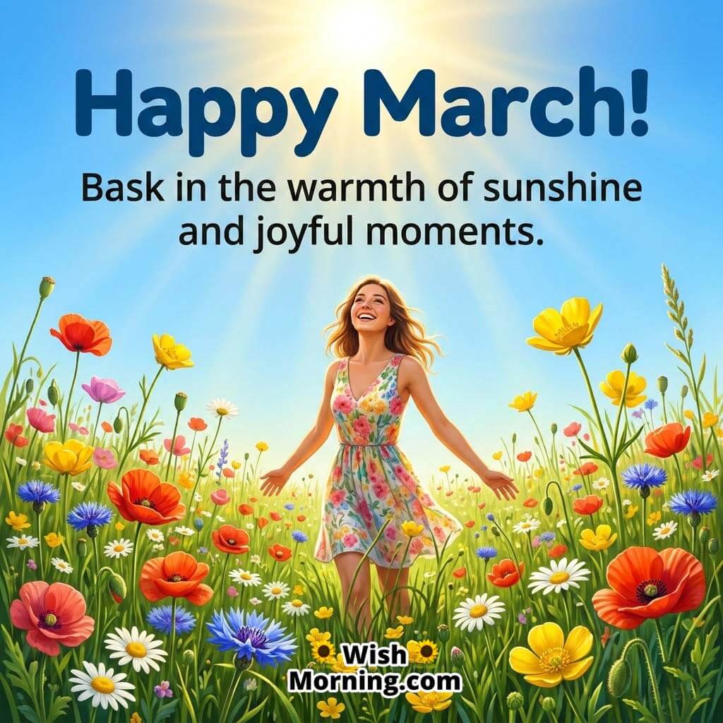 Happy March Sunshine Joy Message Image featuring a smiling woman standing in a colorful wildflower meadow under bright sunlight symbolizing warmth, happiness, and a cheerful new month.
