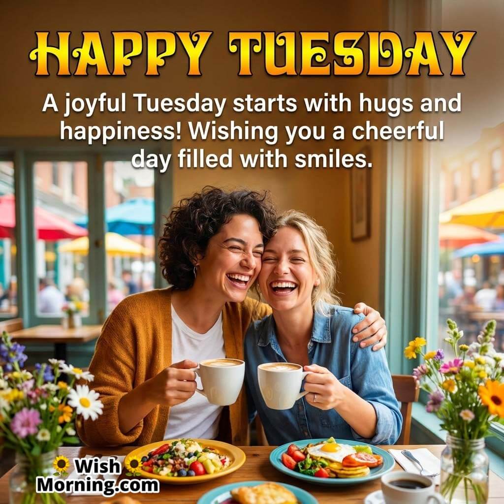 Happy Tuesday message image showing two friends enjoying breakfast and coffee together, smiling warmly in a bright café atmosphere.