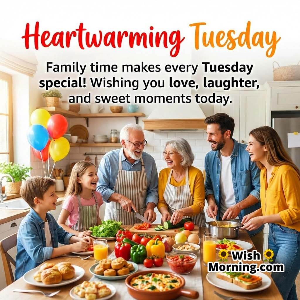 Heartwarming Tuesday message image featuring a joyful family cooking together in a bright kitchen, sharing laughter, fresh food, and togetherness.