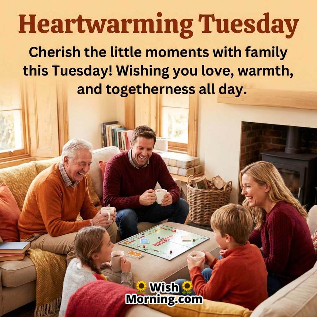 Heartwarming Tuesday message image featuring a happy family sitting together indoors, sharing smiles, warm drinks, and quality time.