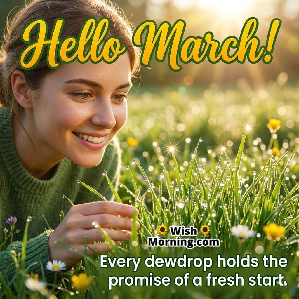 Hello March Fresh Start Dewdrop Message Image featuring a close-up of sparkling morning dewdrops on green grass with a smiling woman admiring nature symbolizing renewal and new beginnings.