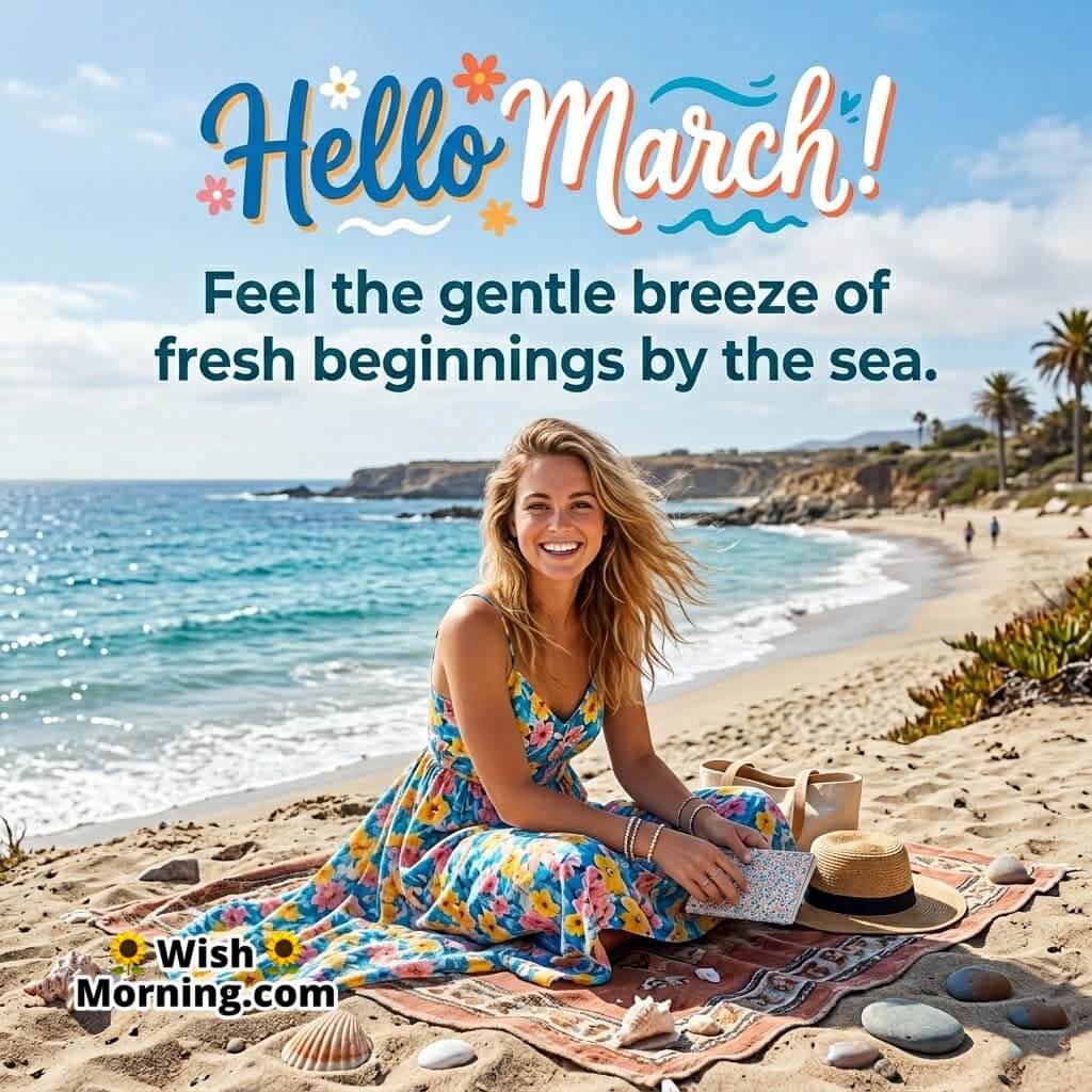 Hello March Gentle Sea Breeze Welcome Message Image featuring a cheerful woman sitting on a beach blanket near the ocean with waves and soft breeze symbolizing calmness and fresh starts.