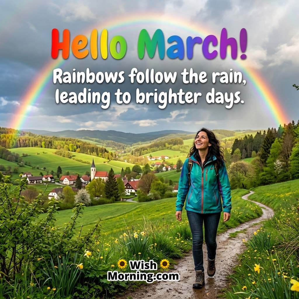 Hello March Rainbow After Rain Quote Image featuring a woman walking along a green hillside path with a bright rainbow across the sky symbolizing hope and brighter days ahead.