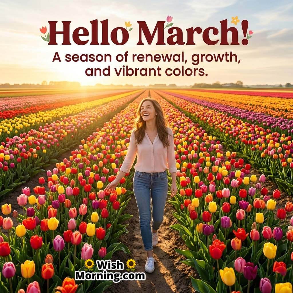Hello March Renewal and Growth Spring Message Image featuring a joyful woman walking through vibrant tulip fields under warm sunlight symbolizing growth and colorful new opportunities.