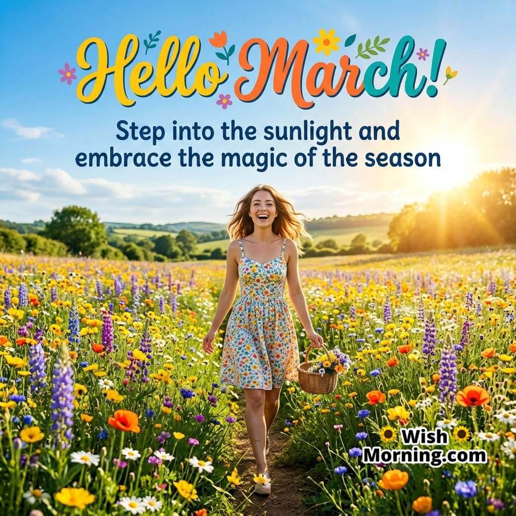 Hello March Sunshine Season Welcome Message Image featuring a smiling woman walking through a colorful wildflower field holding a basket under golden sunlight symbolizing joy and fresh beginnings.