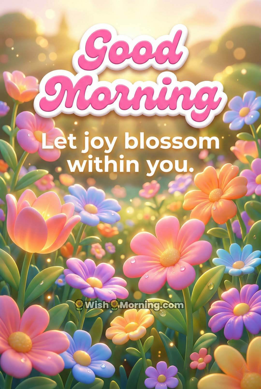 Good Morning wallpaper featuring vibrant 3D flowers glowing in bright cheerful sunlight.