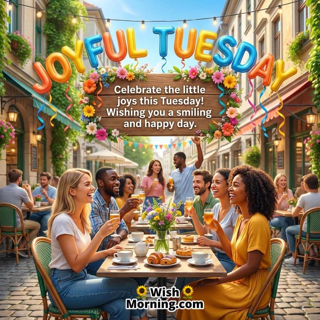 Joyful Tuesday Celebration Message Image, featuring friends enjoying drinks at an outdoor café with festive decorations, flowers, and smiling faces, symbolising friendship, laughter, and joyful vibes.
