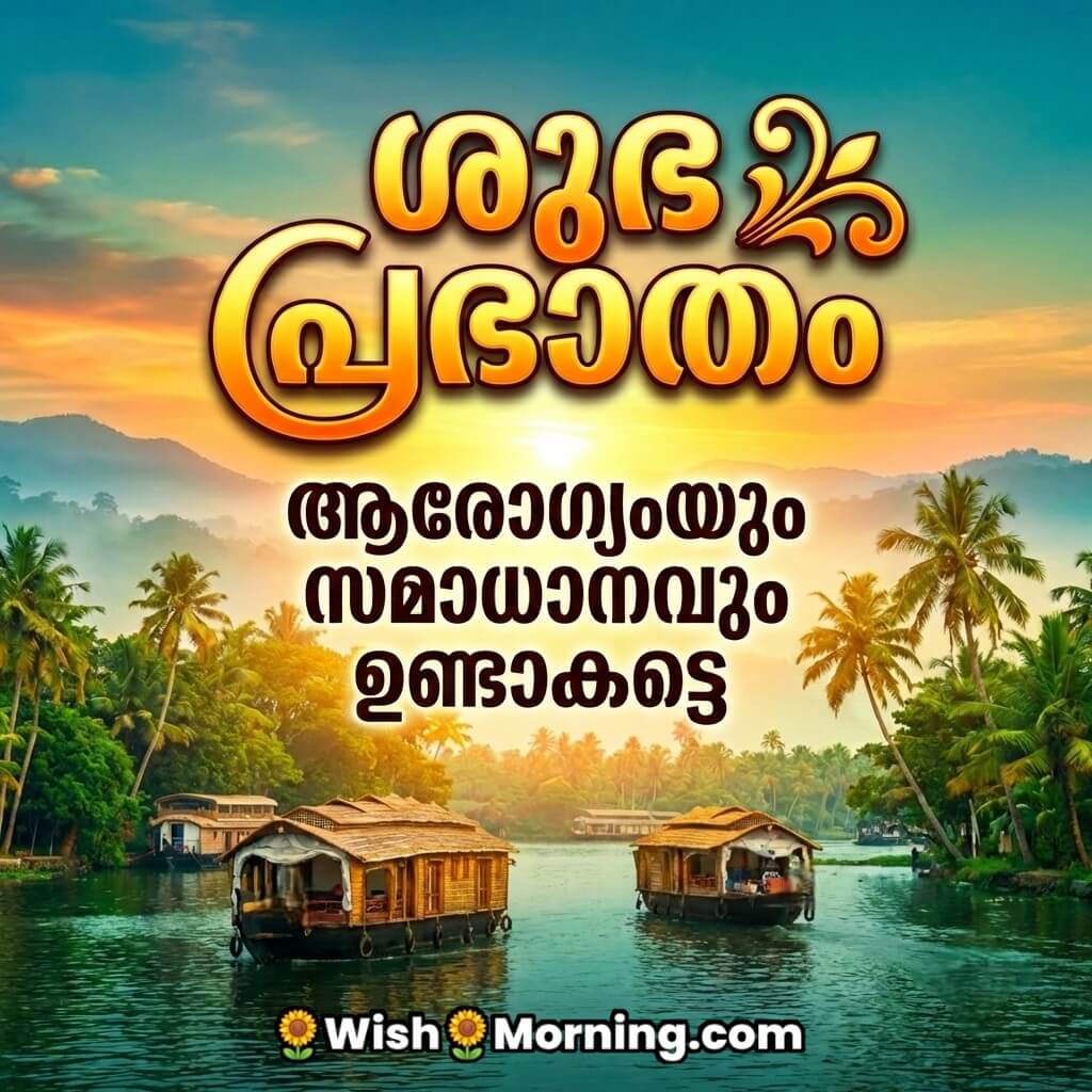 Malayalam Good Morning message image showing scenic Kerala backwaters with traditional houseboats, palm trees and golden sunrise sky.