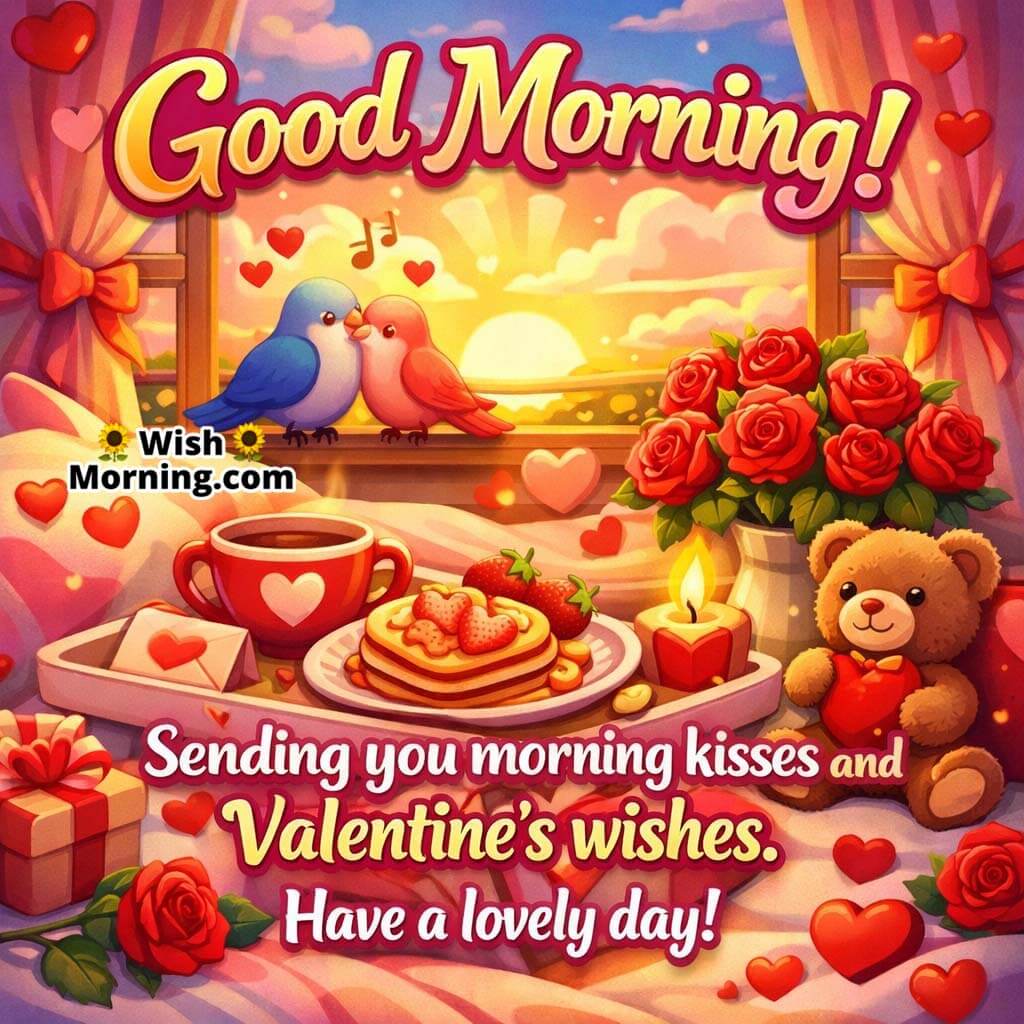 Lips blowing a kiss with floating hearts in the morning sky, symbolizing romance and sweet Valentine’s Day wishes.