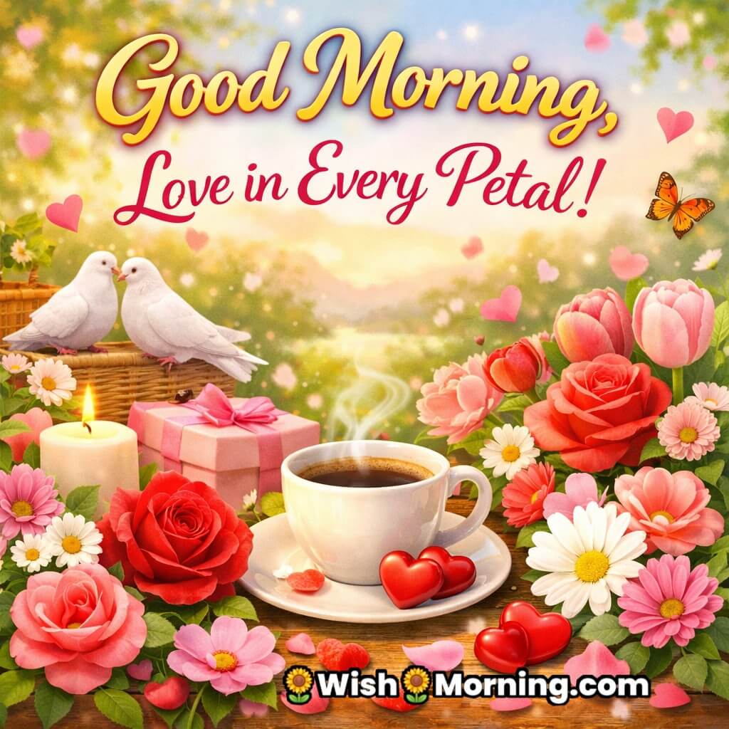 Love quote Good Morning image featuring coffee cups, flowers, doves, gifts, and soft hearts in a calm morning setting, symbolising love, peace, and gentle affection.