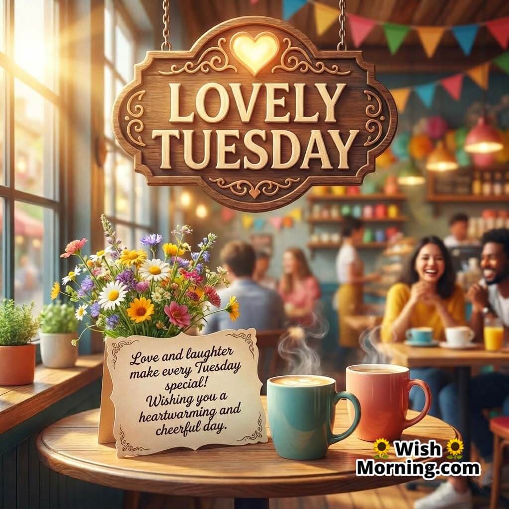 Lovely Tuesday message image showing a cosy café setting with fresh flowers, coffee cups, and people enjoying laughter and friendly moments.